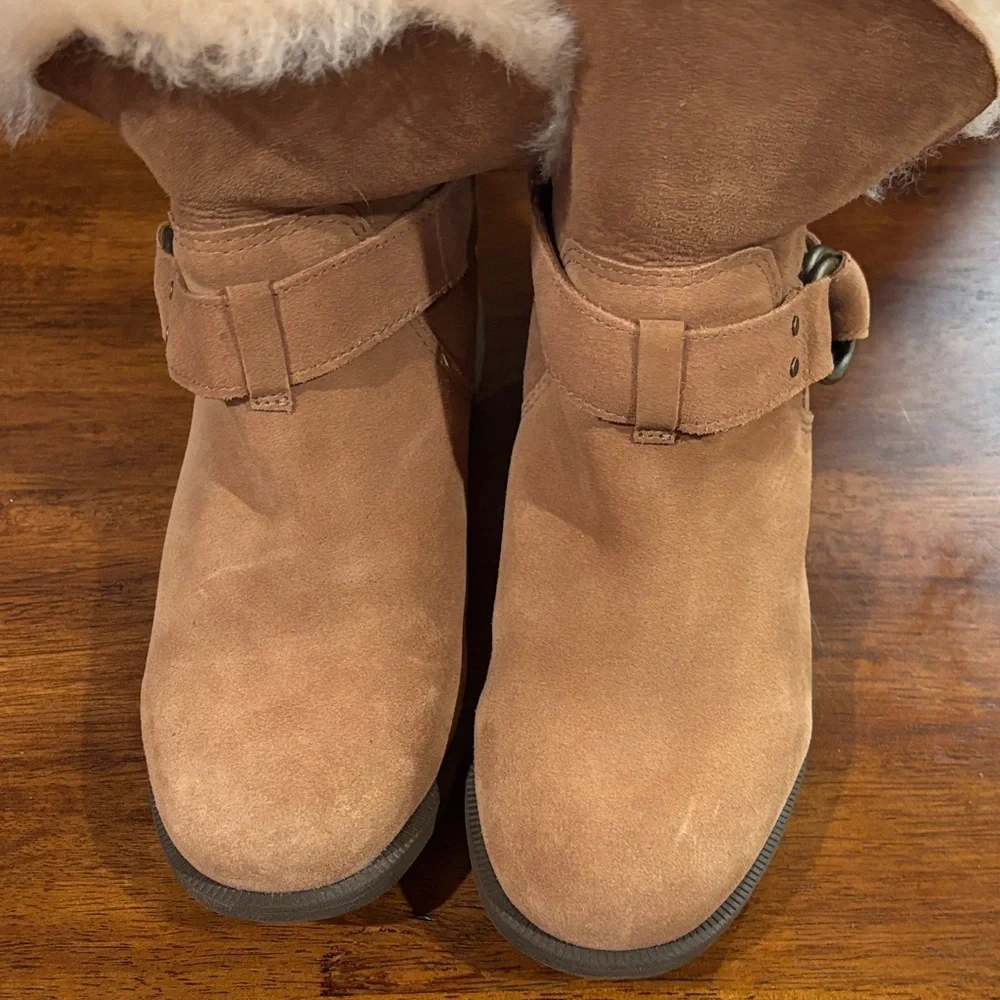 UGG Chestnut Suede Fur-Lined Ankle Boots with Buckle - Picture 5 of 16